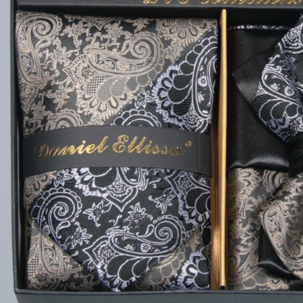 6 Piece Silver Gold Black Necktie & Bow Tie Set - Picture 2 of 6